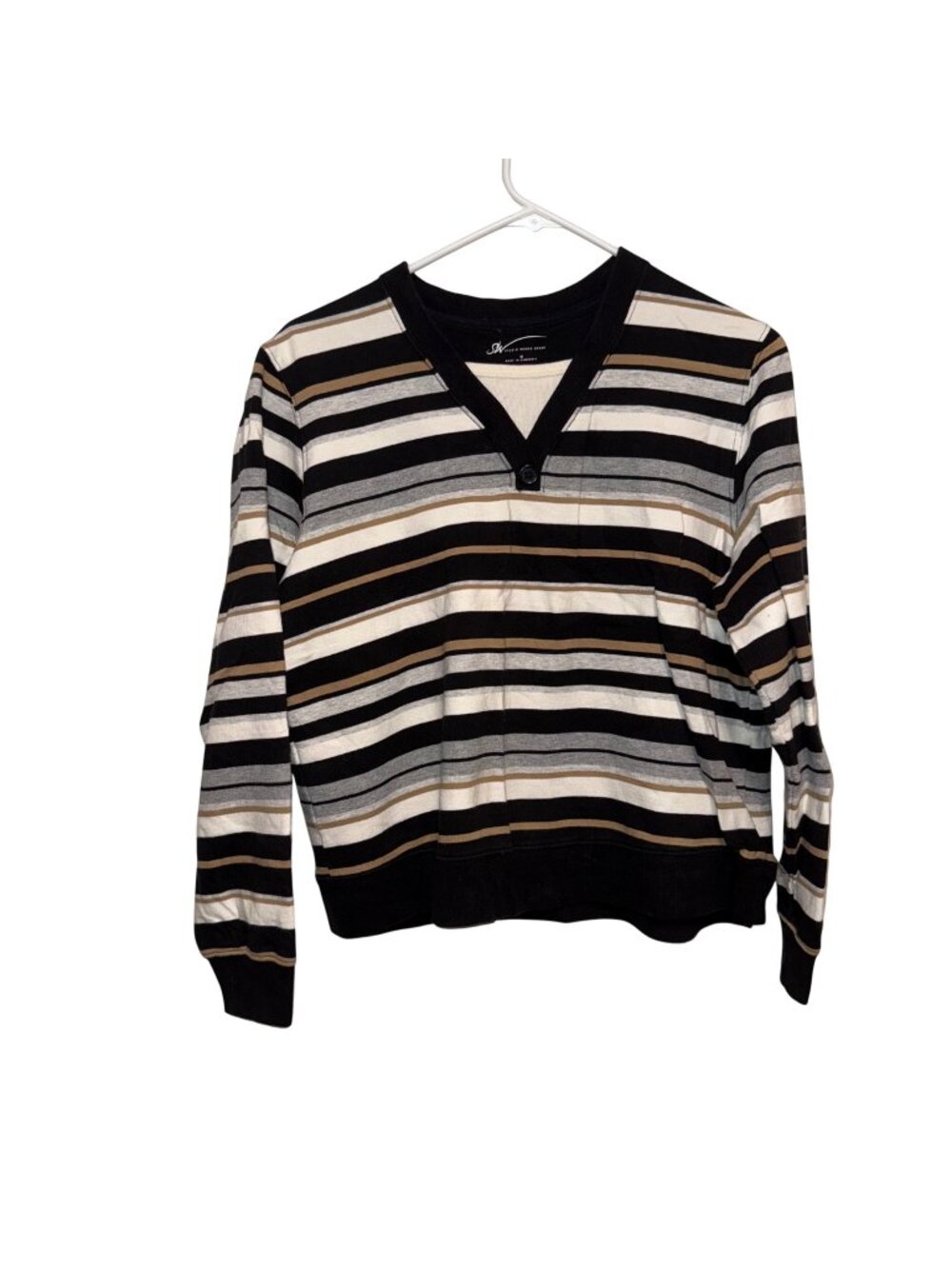 Studio Works Sport Striped Long Sleeve V-Neck Sweater Black Beige Gray White Siz